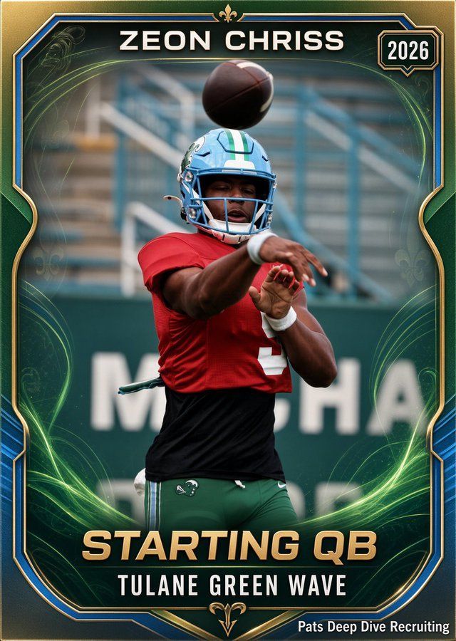 Tulane Green Wave quarterback Zeon Chriss in red jersey catching a football, 2026 player card