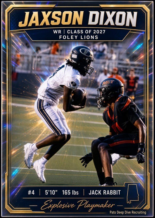 Jackson Dixon football trading card, Foley Lions, leaping to tackle an opponent under stadium lights.