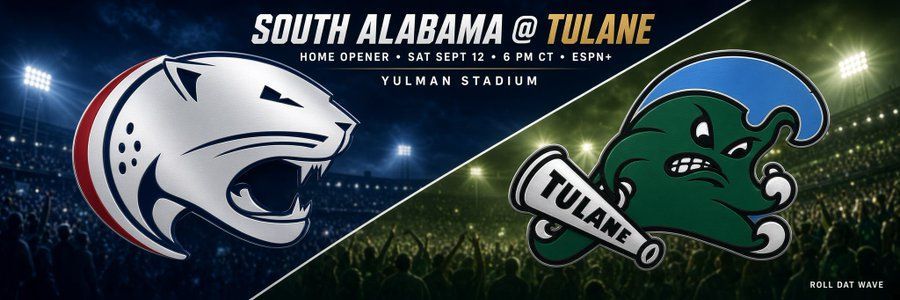 South Alabama Jaguars vs Tulane Green Wave football matchup graphic with helmet logos on dark blue