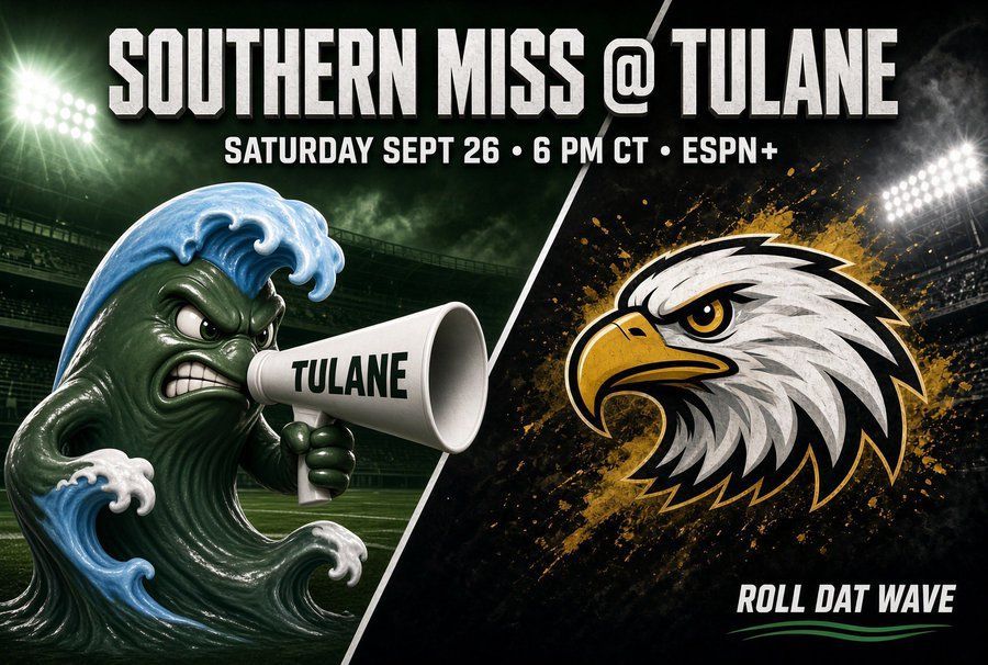 Southern Miss vs Tulane football poster with wave mascot and eagle logos, Sept. 26, 6 PM CT on ESPN+