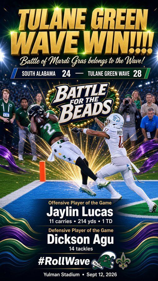 Tulane Green Wave football victory poster with players, 24–13 final score, and “Battle for the Beads” title