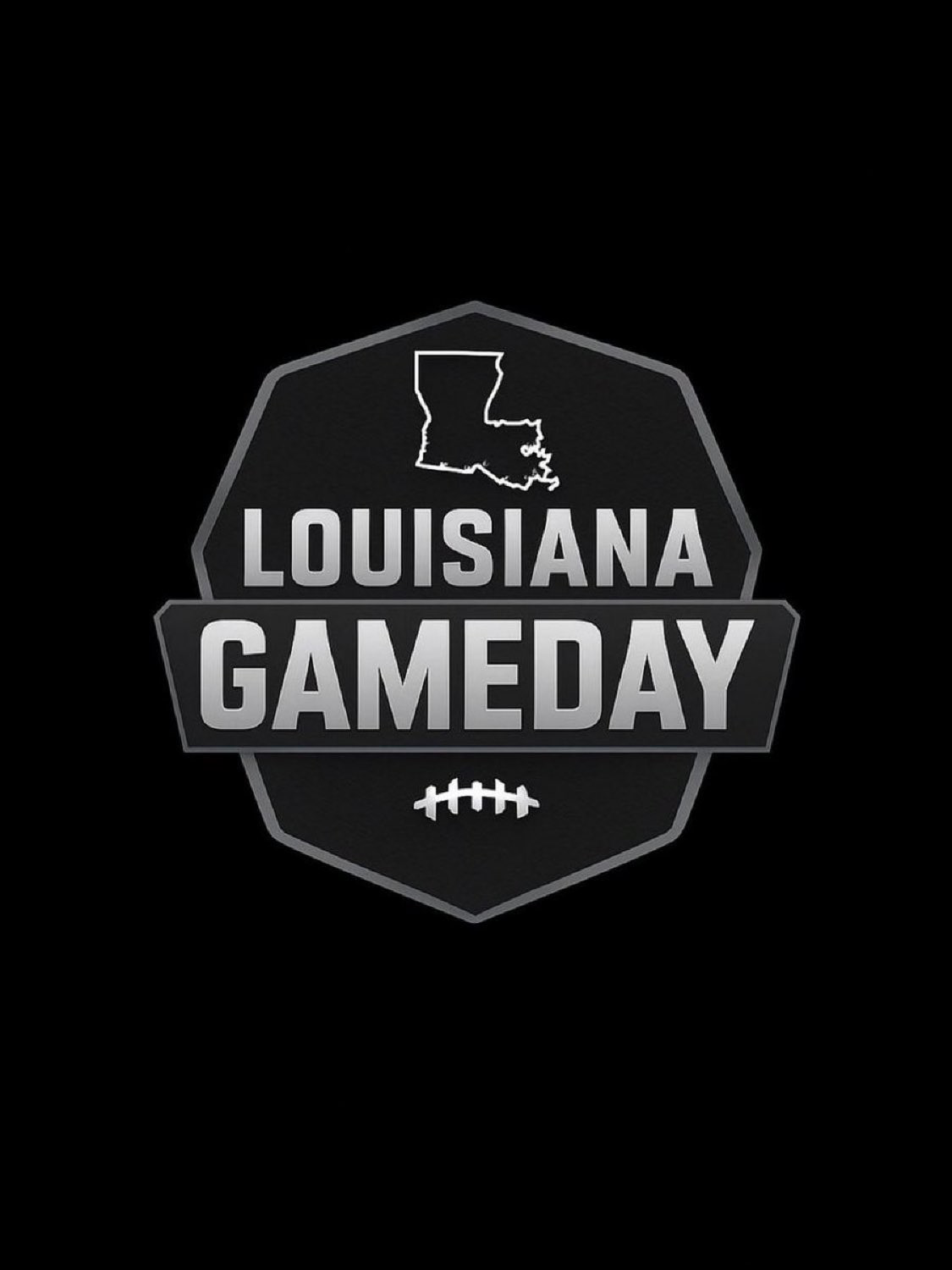 Louisiana Gameday logo with state outline and football icon on a black background