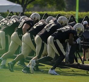 A group of football players are lined up in a row on a field.
