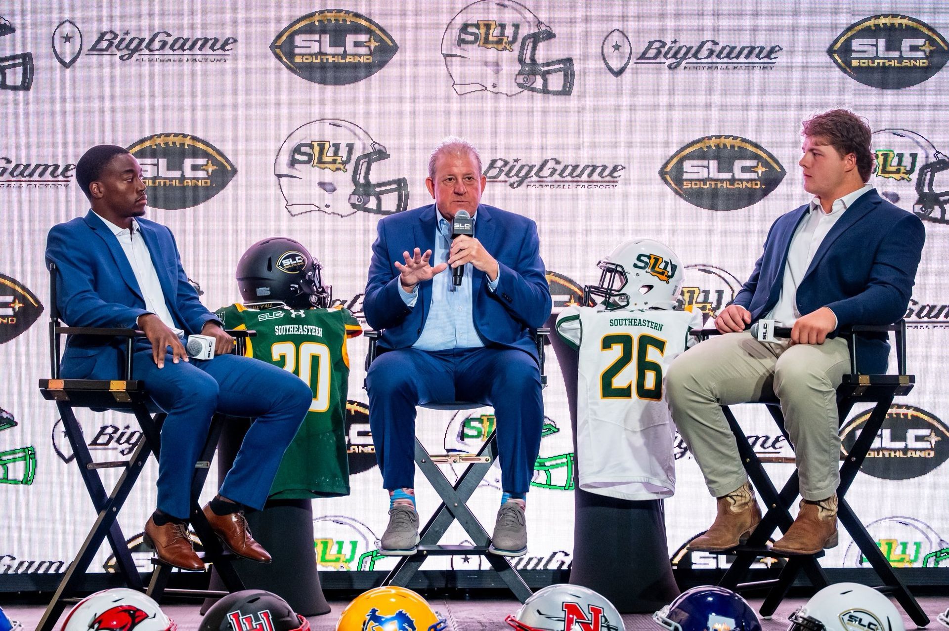 Coach Frank Scelfo, Kyle Lowe, Peyton Anderson at Southland Conference Opening Drive. 