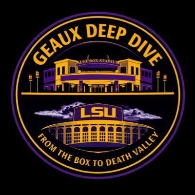 Purple and gold LSU logo with Death Valley stadium and text “Geaux Deep Dive” and “From the Box to Death Valley”