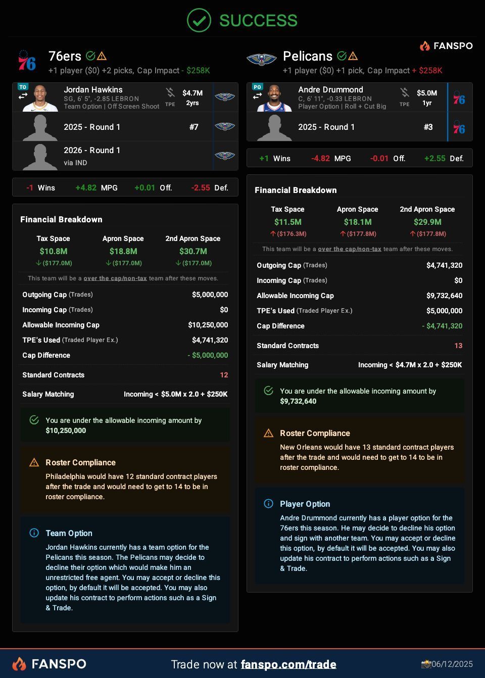 Dark sports betting results screen showing two match cards and green “SUCCESS” at the top.