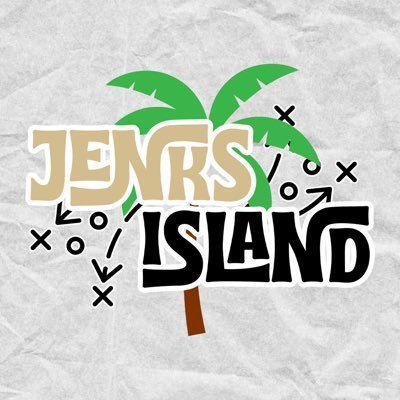 Jents Island logo with green palm trees and black-and-white graffiti-style text on a crumpled white background