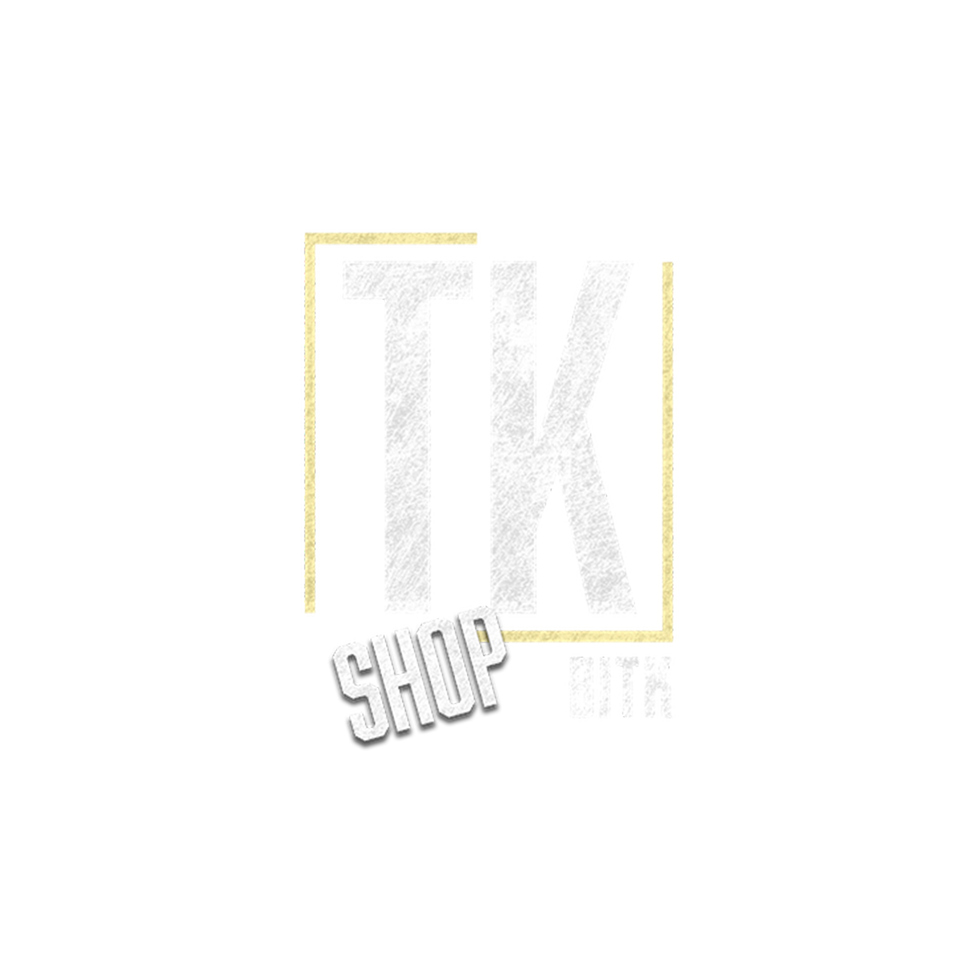 A white and gold logo for a company called tk shop.