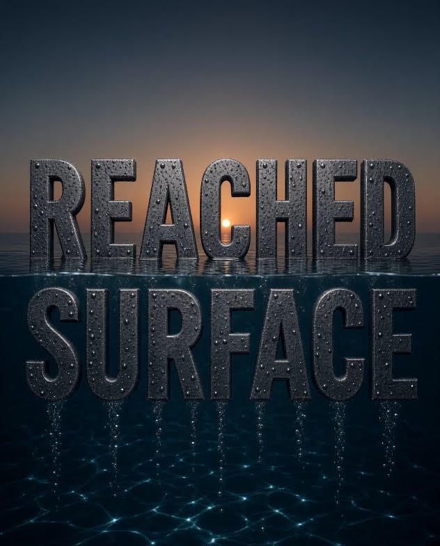 “REACHED SURFACE” text over dark ocean at sunset with reflections on the water