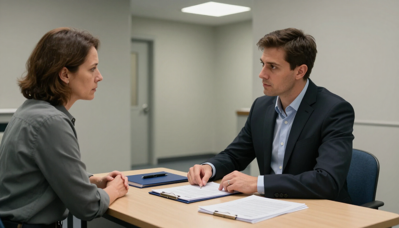 Two people in a meeting across a table, talking in a bright office.