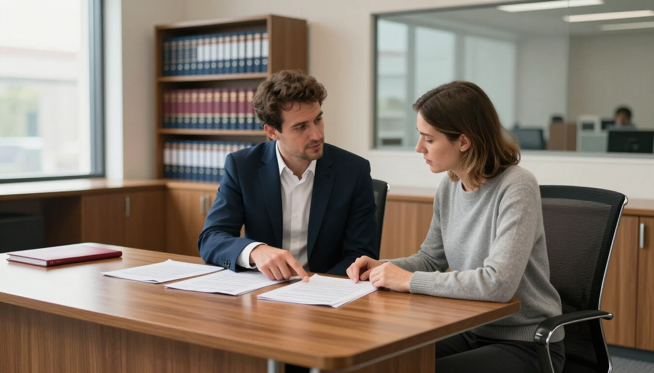 Two coworkers reviewing documents at a wooden desk in a bright office