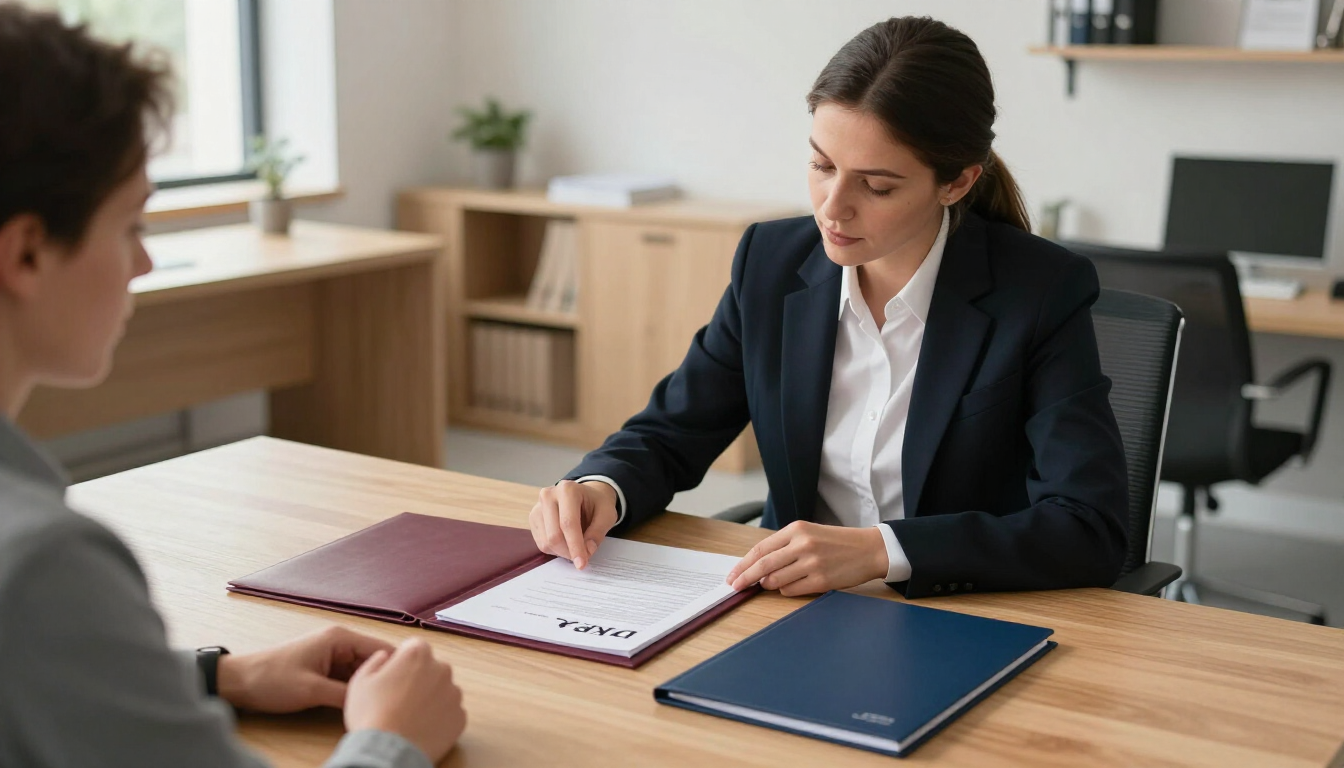 Two people in an office reviewing documents at a table, with folders and a pen.