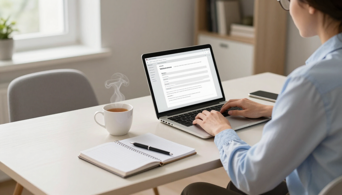 Person working on a laptop at a desk with a notebook and coffee mug by a window