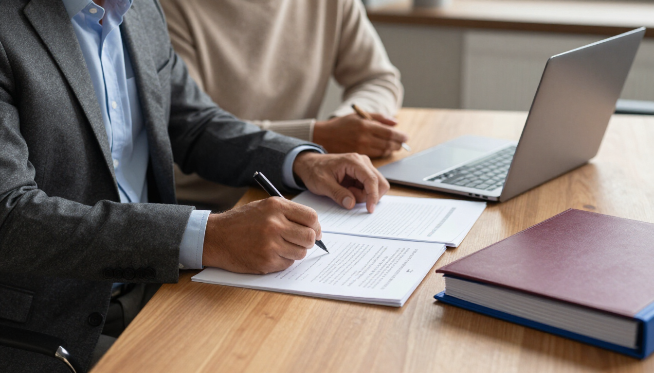 Two people signing papers at a wooden table with a laptop and stacked binder in an office setting