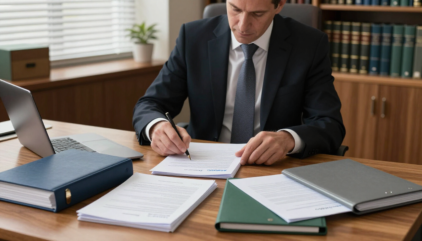 Man in a suit writing at a desk with stacked binders and papers in an office