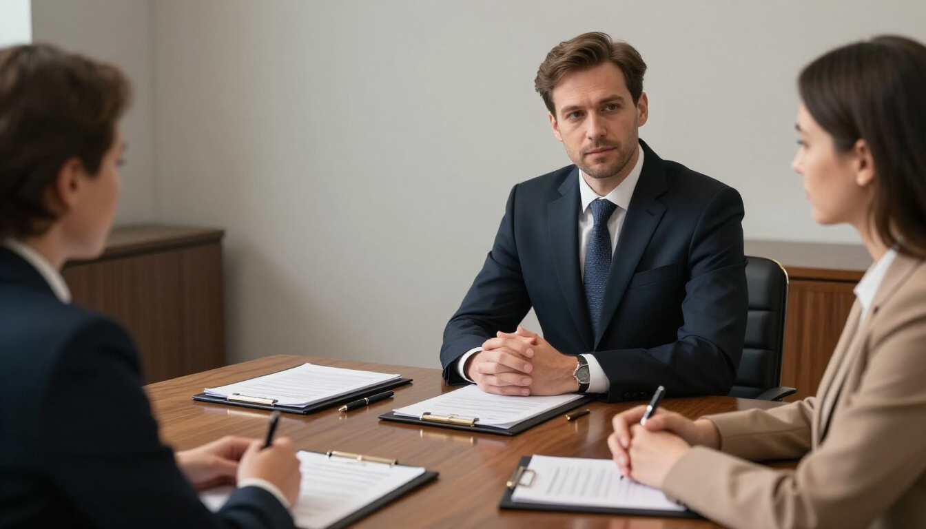 Three people in a meeting, with documents on the table and a man speaking at the center.