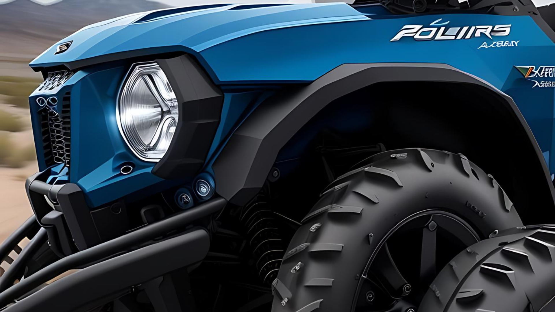 A red atv is parked in a garage with its lights on.