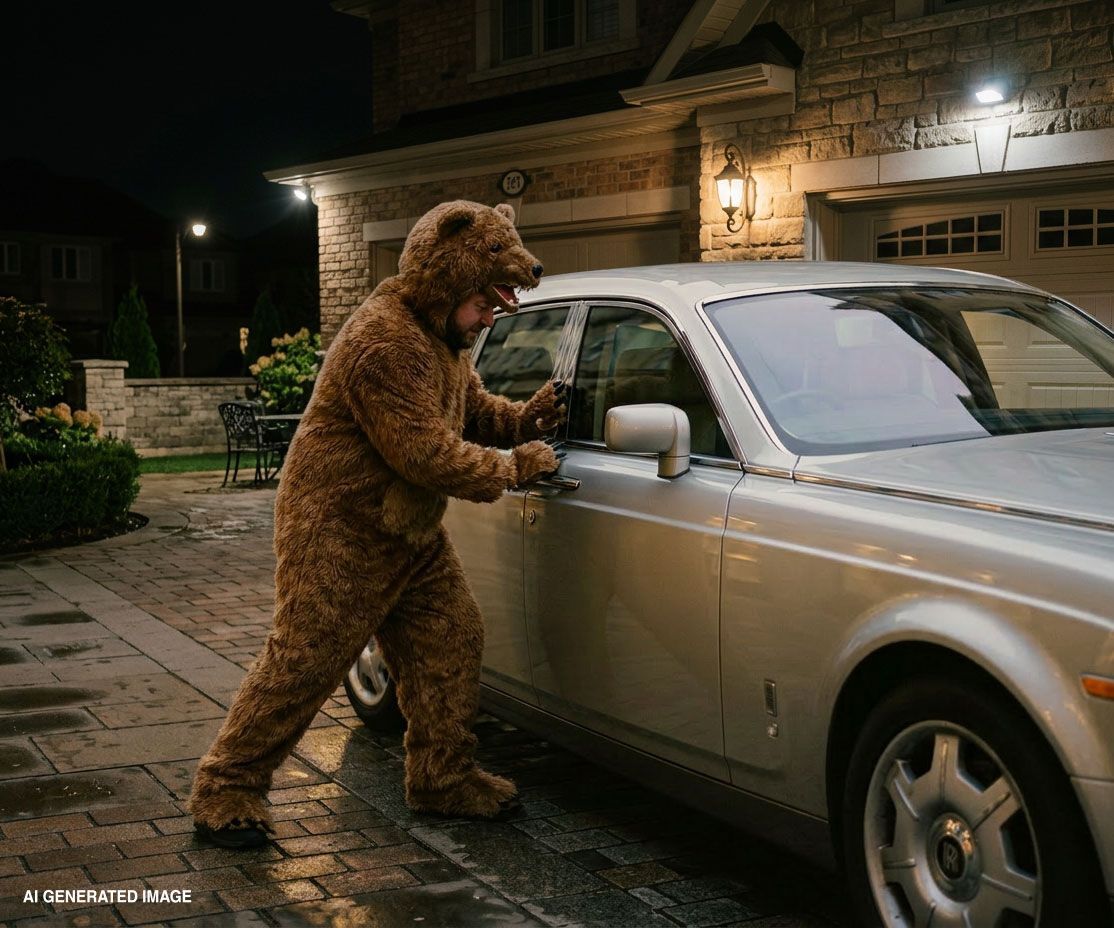 Person in a bear costume pushing a silver car outside a house at night