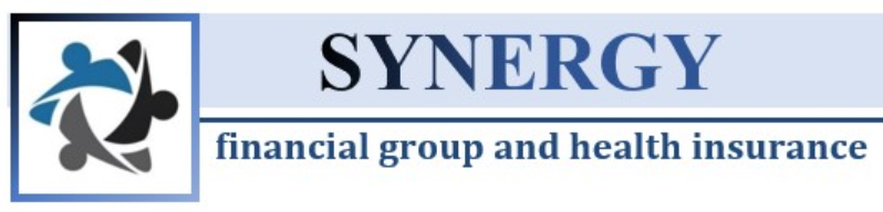 Synergy financial group and health insurance logo with blue emblem and text on a light background