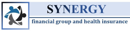 Synergy financial group and health insurance logo with blue emblem and text on a light background