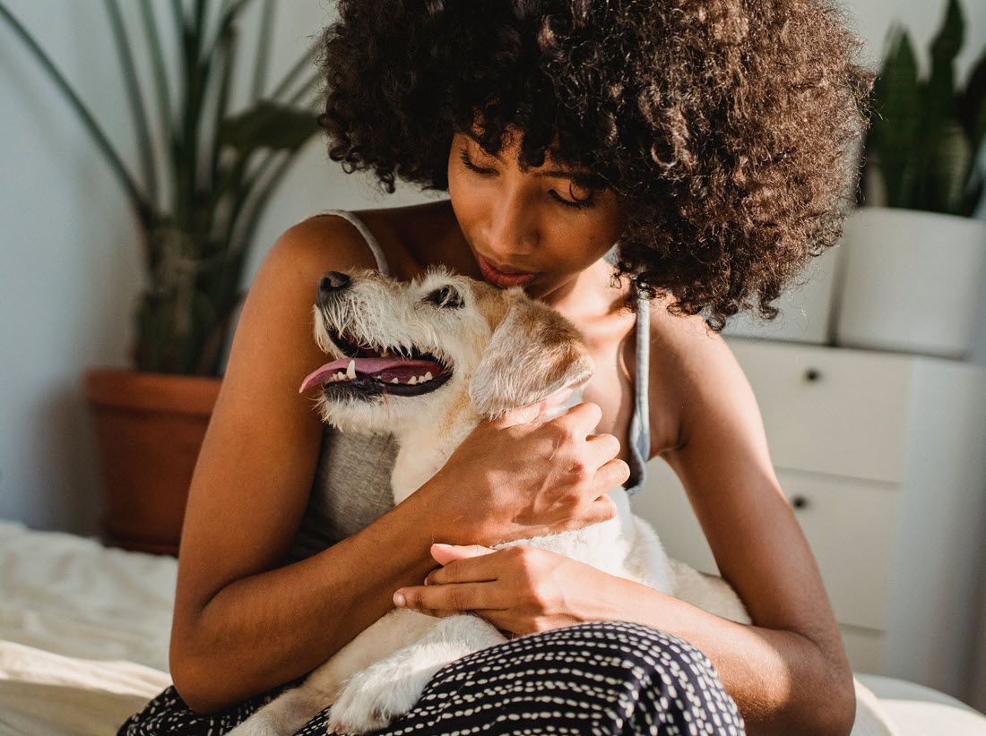 Person cuddling a small white dog on a couch, smiling in a bright room with a plant in the background