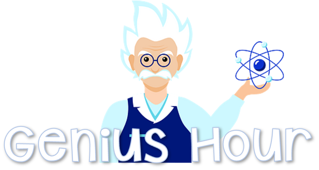 Un logotipo de la hora del genio con un hombre sosteniendo un átomo en su mano.