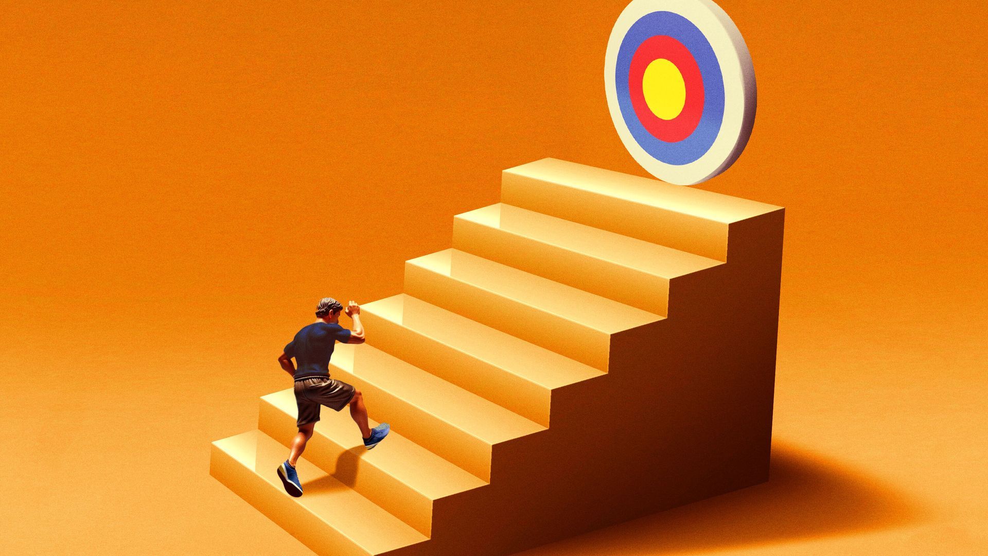 Orange background, person climbing a set of stairs to a Bullseye target.