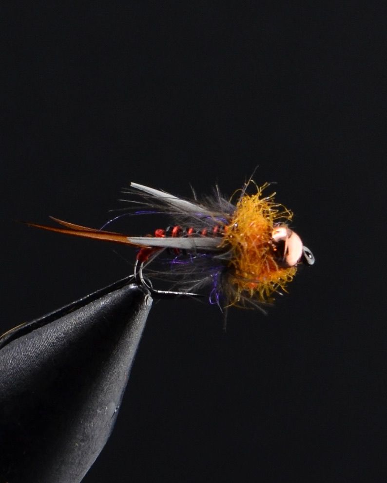 A close up of a fly on a hook on a black background.