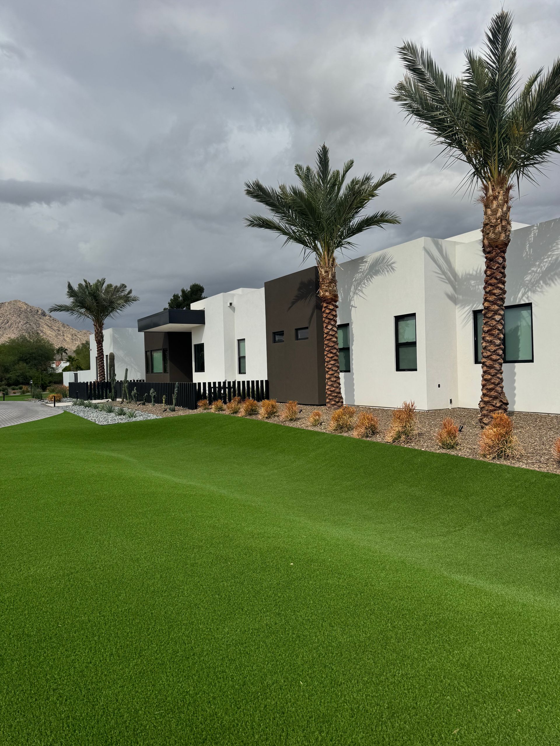 A white house with palm trees in front of it