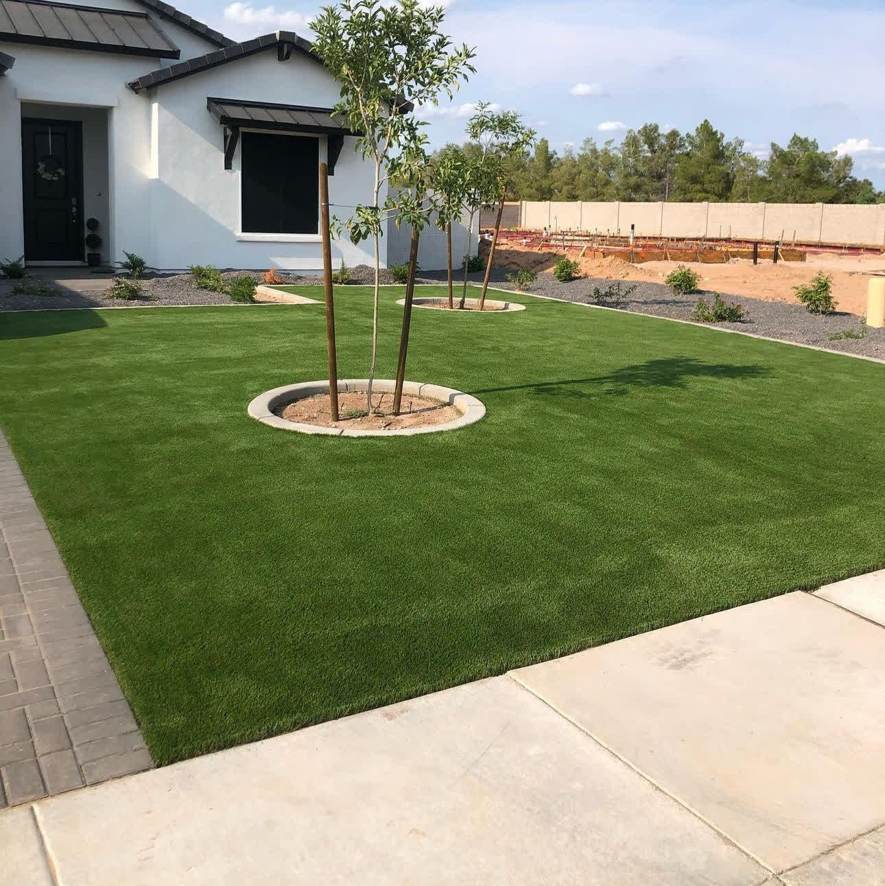 A house with a lush green lawn and a tree in the middle