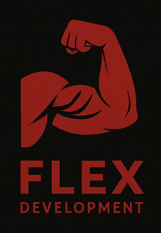 A red flex development logo with a muscular arm on a black background.