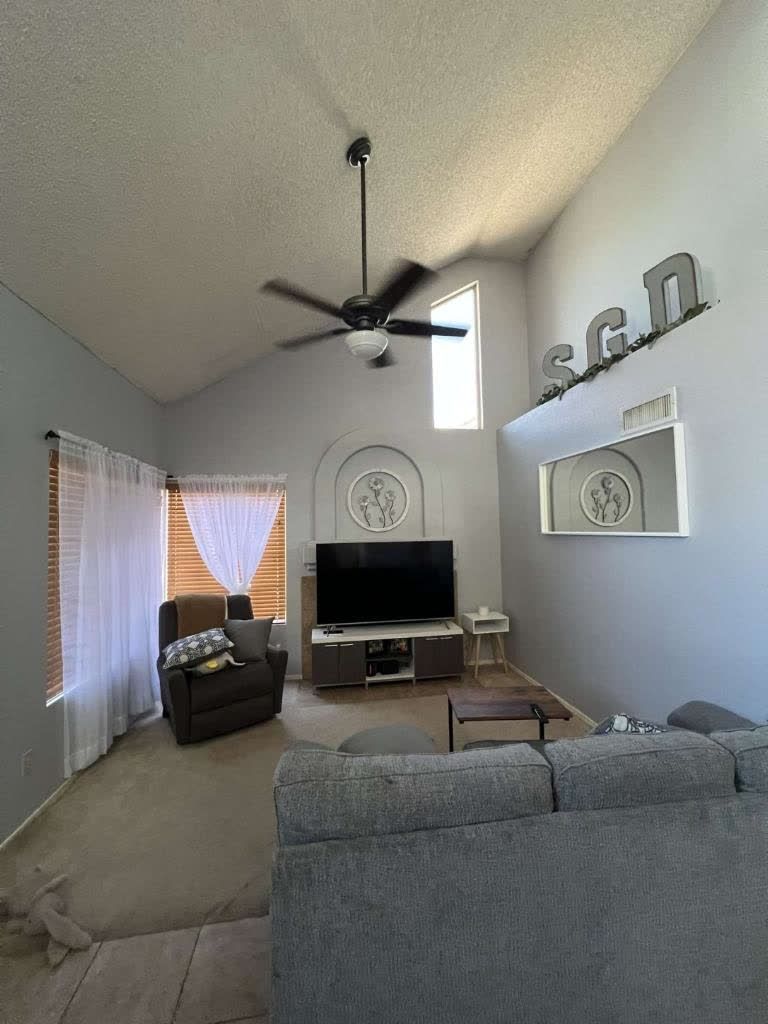 A living room with a couch , chair , television and ceiling fan.