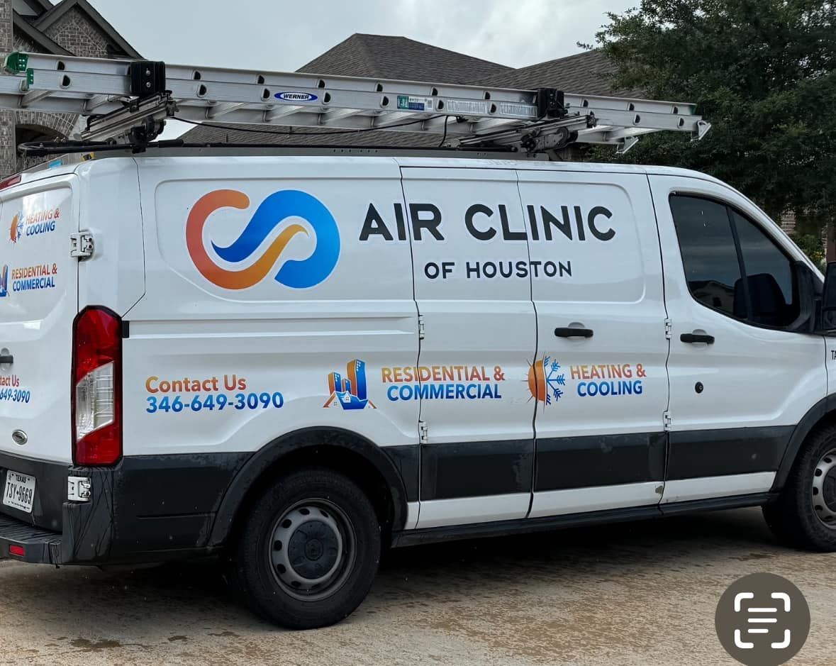 A white van with the words air clinic of houston on it