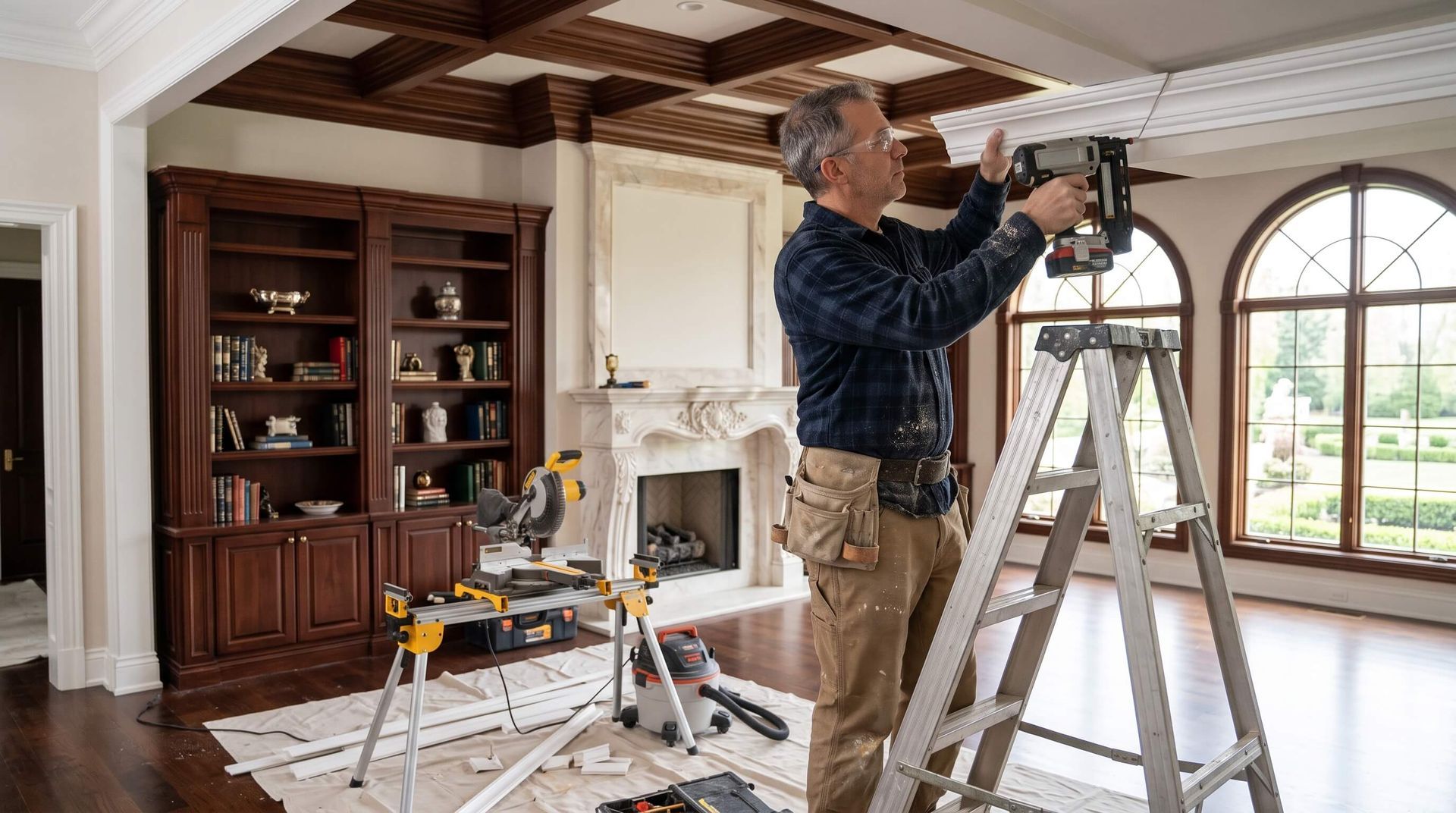 Handyman doing carpentry work on the ceiling of a living room