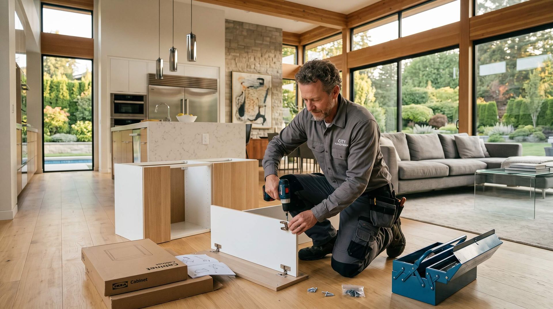 Handyman assembling furniture