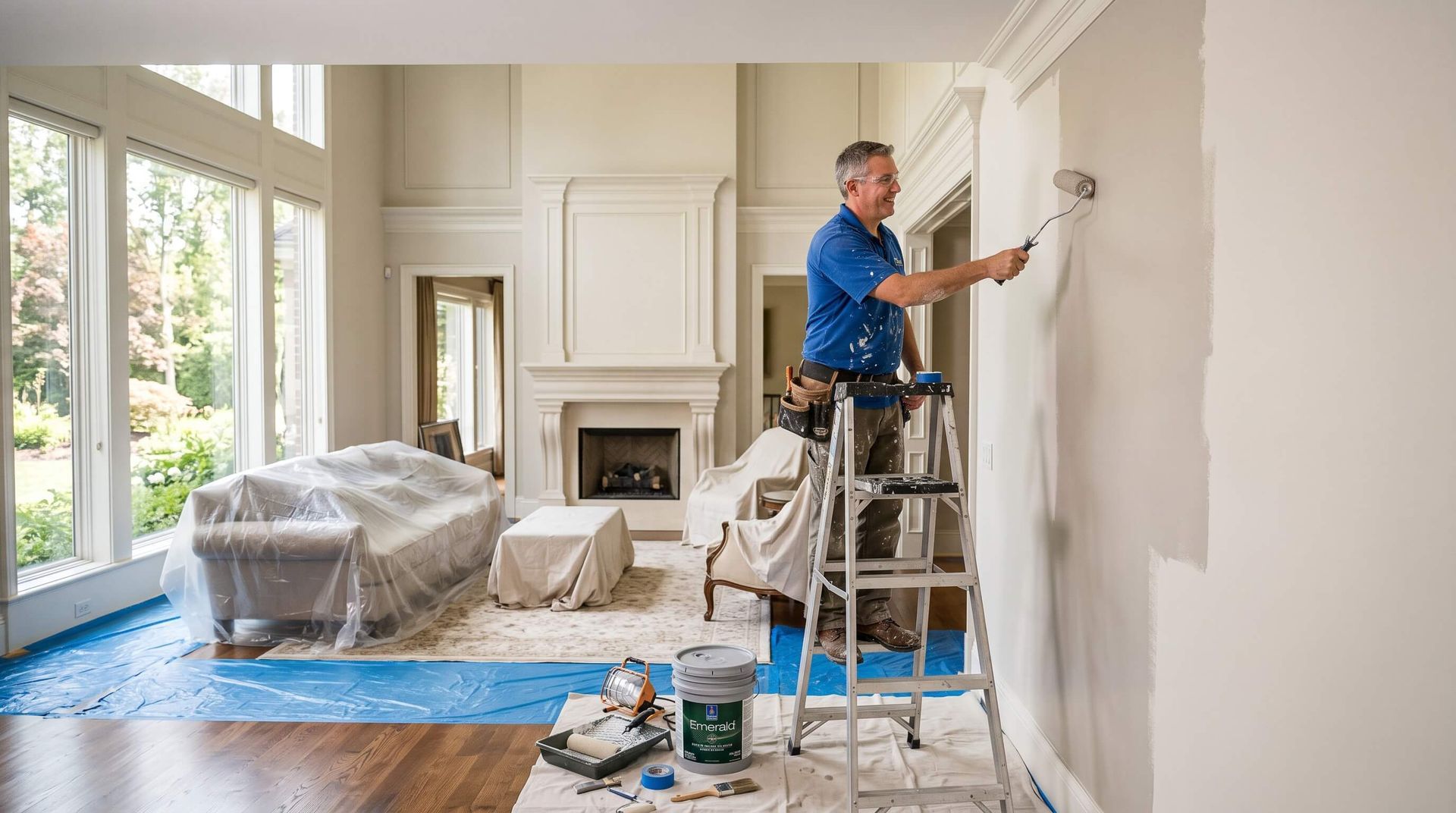Handyman painting living room wall