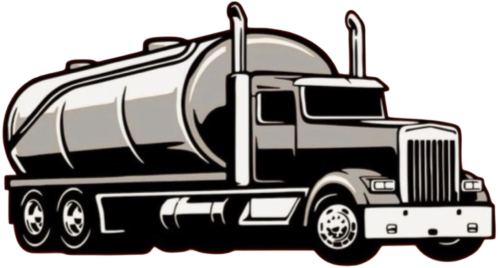 Tanker truck, silver tank, black cab, large rig, transporting liquids.