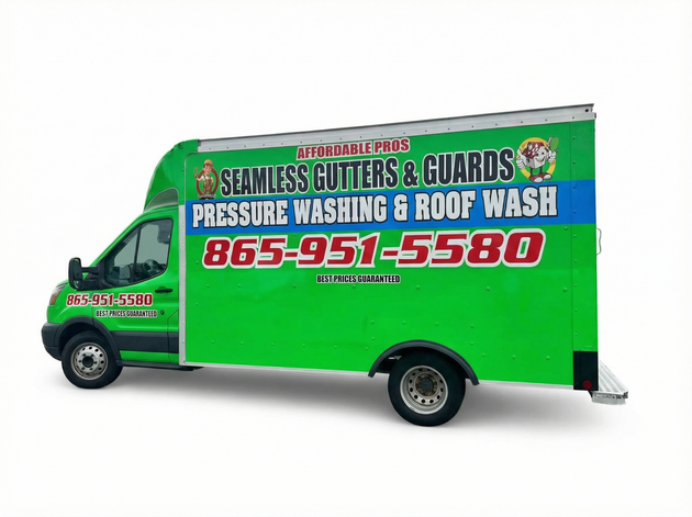Green Seamless Gutters and gutter guards service truck in Crossville TN with phone number 865-951-5580