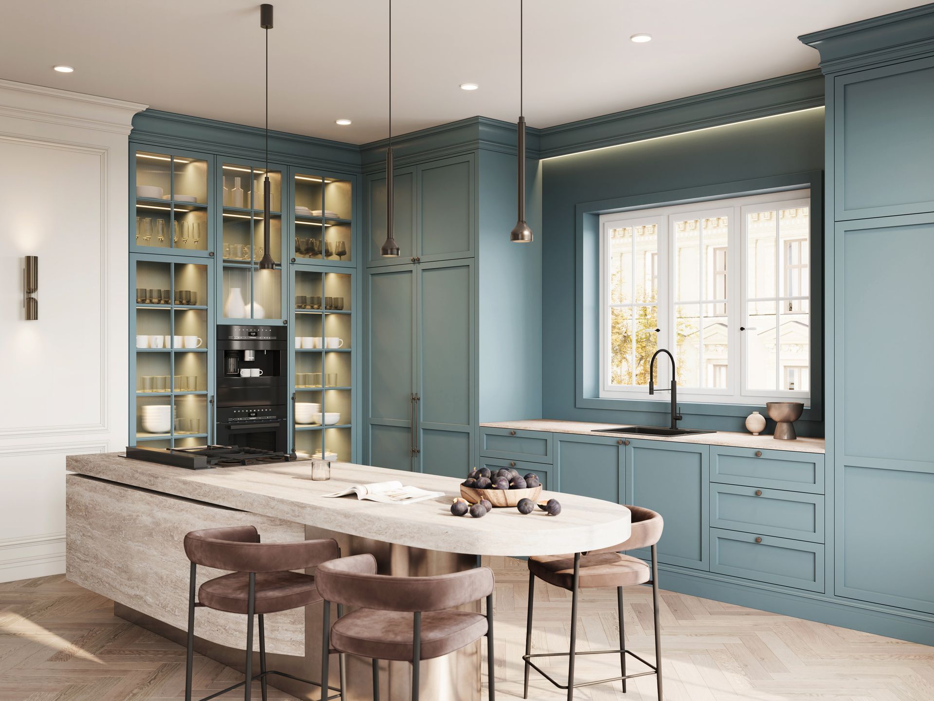 A kitchen with blue cabinets and a large island in the middle.