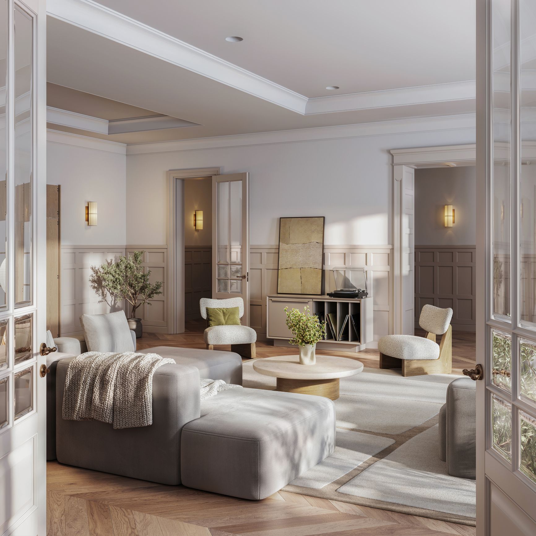 A living room with a couch , chairs , and a coffee table.