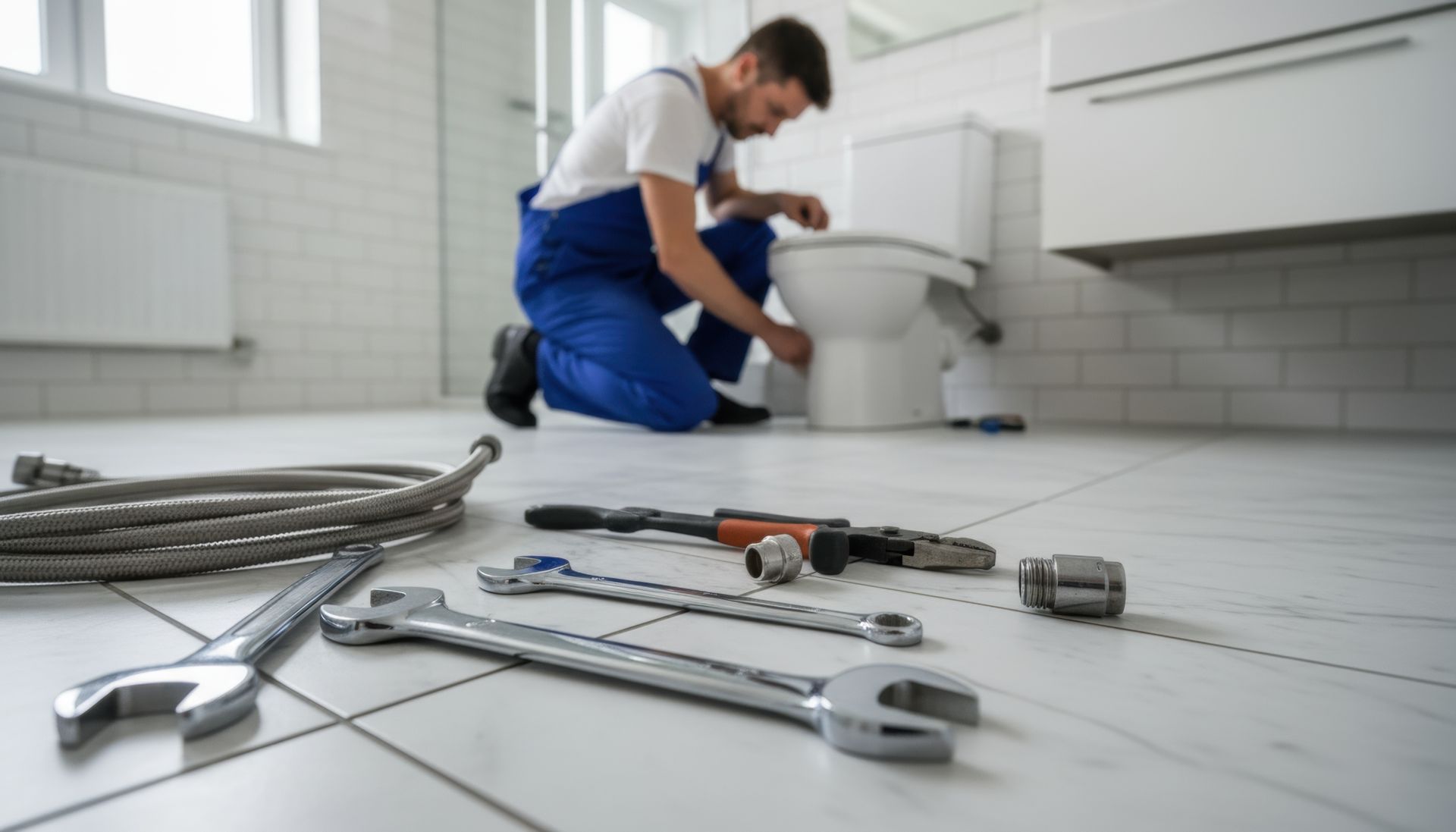 A close-up of wrenches and a braided hose on tile as a plumber kneels to perform plumbing services.