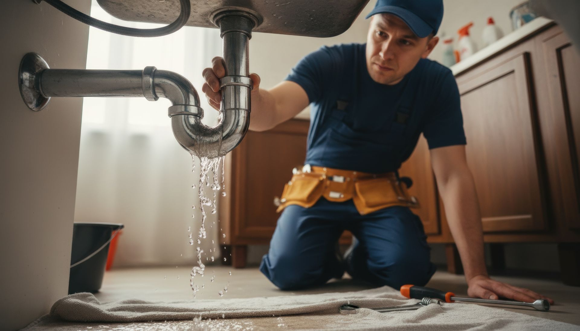 Plumber in blue uniform inspecting a leaking sink drain pipe dripping water onto a bathroom floor.