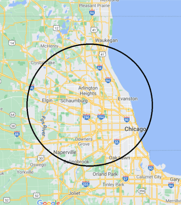 Map of Chicago area with a circular radius encompassing Chicago and surrounding suburbs.