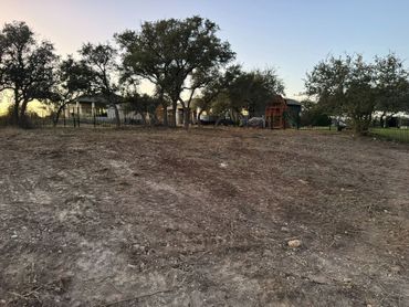 Dry dirt field with scattered trees and a small structure at sunset