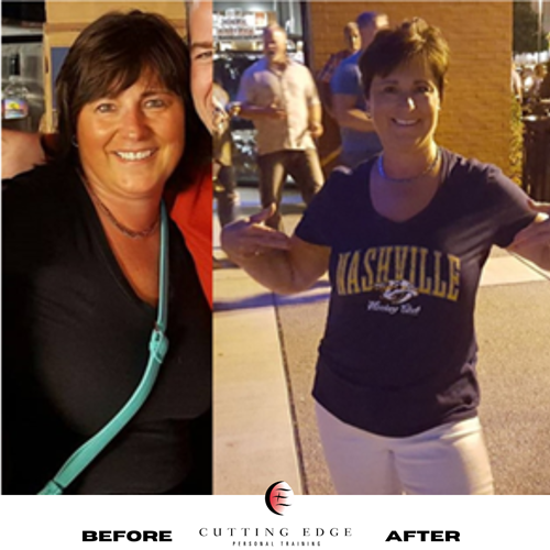 Woman before and after weight loss, smiling, wearing different outfits in nighttime settings.