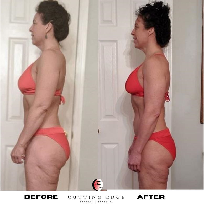 Side-by-side photos of woman in red bikini, before and after a body transformation. She stands in a room.