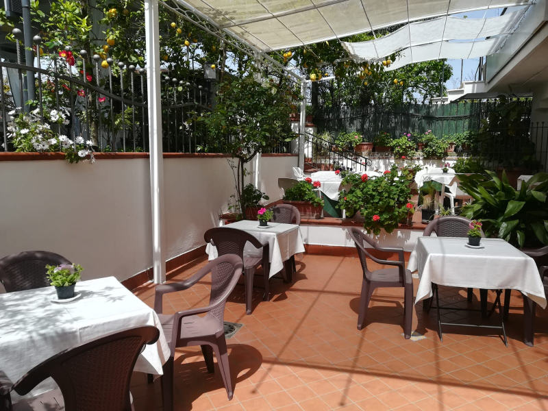 Patio esterno con tavoli, sedie, piante e tettoia.