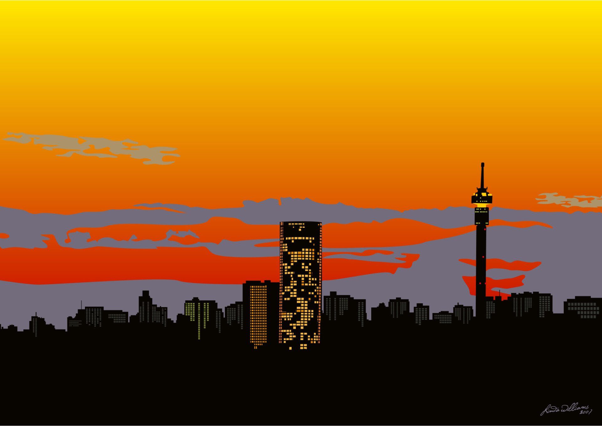 A drawing of a city skyline at sunset with a tower in the foreground