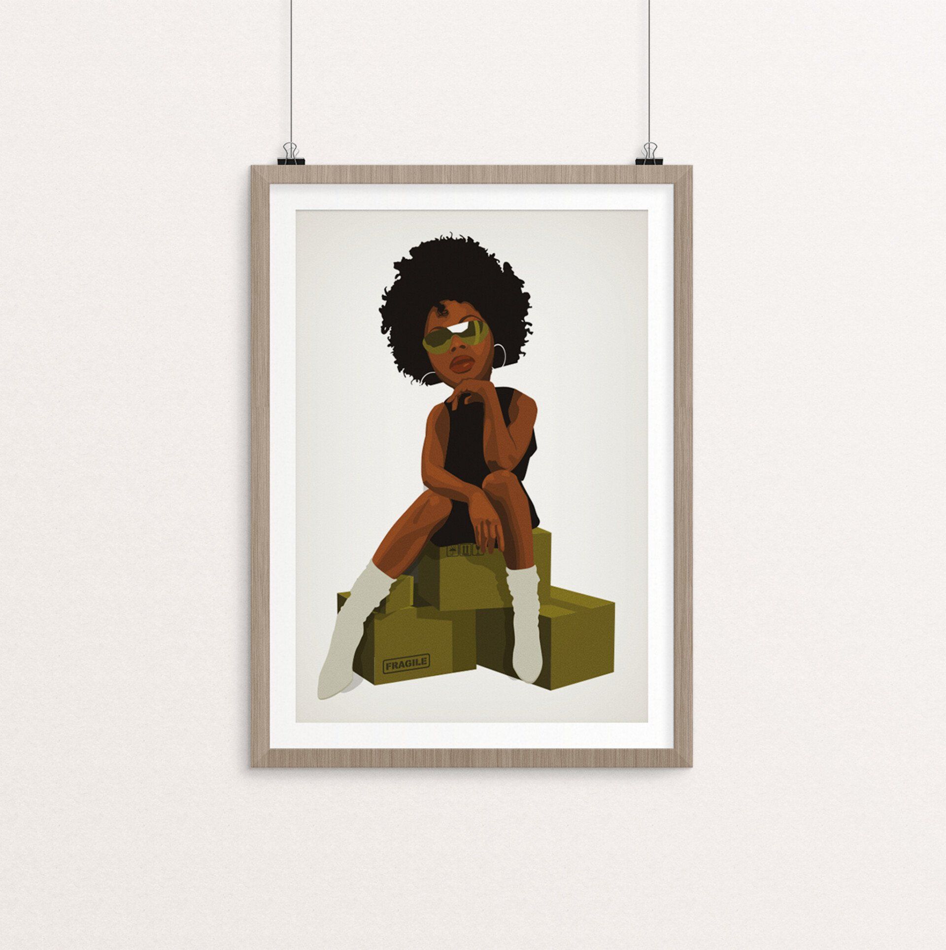A cartoon of a woman sitting on a pile of boxes