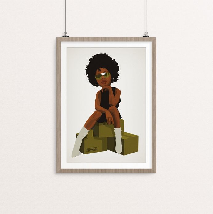 A cartoon of a woman sitting on a pile of boxes